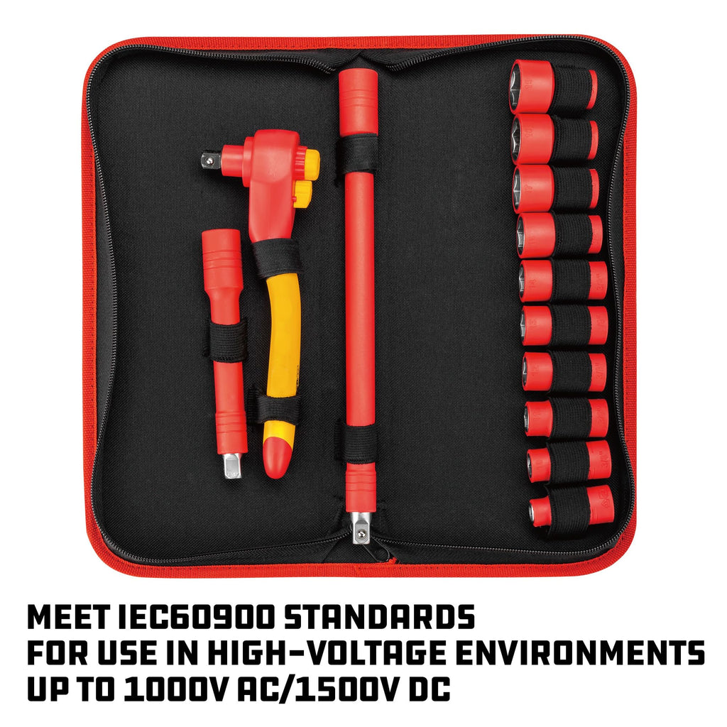 Powerbuilt 13-Piece VDE Tool Set, Insulated Ratchet, Sockets, Extensions, High-Voltage Electrical and Hybrid Vehicles, Home Repair - 642937