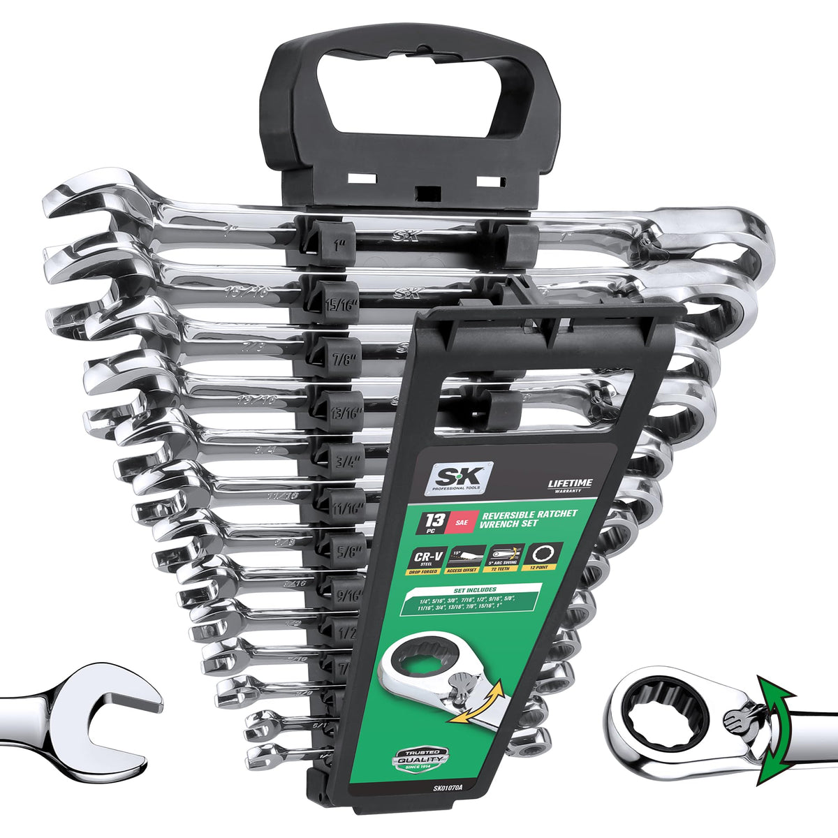 SK Reversible Ratcheting Combination Wrench Set, 13-Piece, SAE 1/4" to 1"