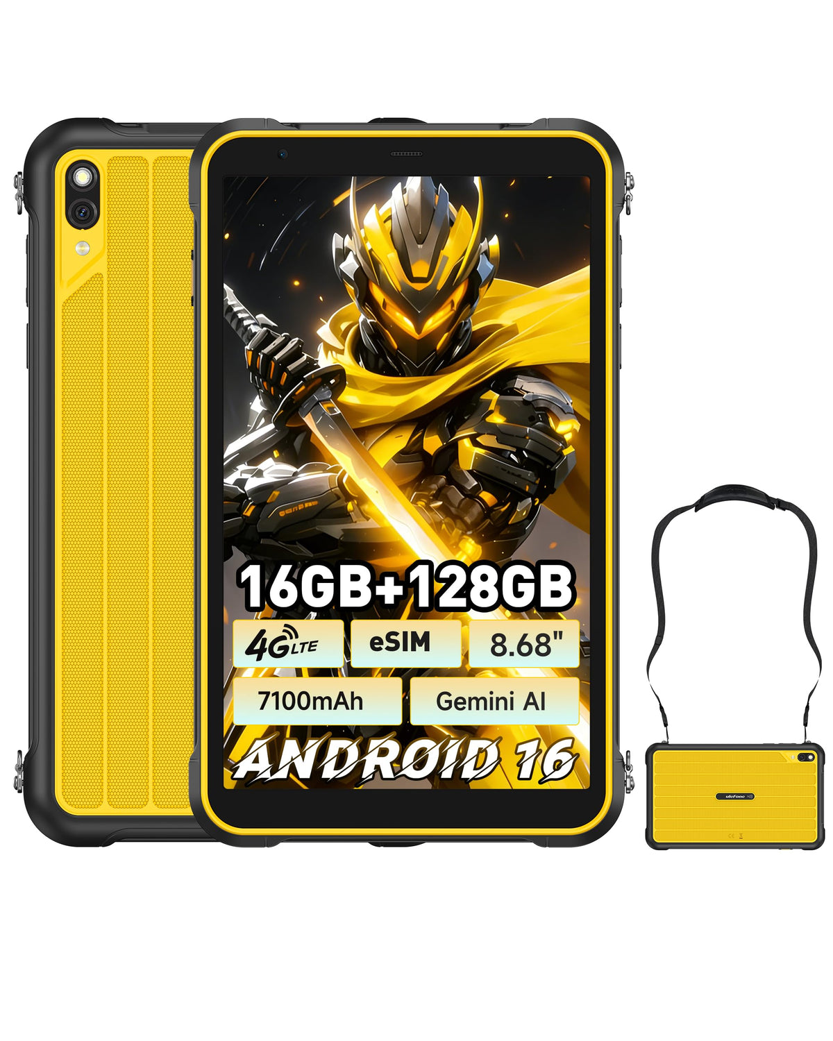 Ulefone Rugking Pad Pro 4G Rugged Tablet(Built-in eSIM), Android 16, 16GB+128GB Octa Core, 7100mAh 8.68" Corning Display 860nits Brightness, 16MP+8MP Dock Charging, IP68/69K, 133LM Super Torch - Black