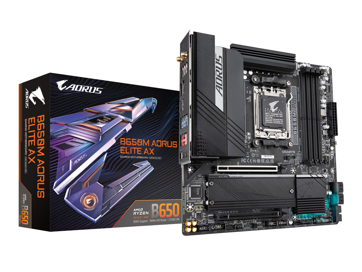 GIGABYTE B650 AORUS Elite AX AMD AM5 ATX Motherboard, Support Ryzen 9000/8000/7000 Series, DDR5, 14+2+1 Power Phase, PCIe 5.0 M.2, USB-C 3.2 Gen 2, WIFI6E, 2.5GbE, EZ-Latch, Q-Flash, RGB Fusion