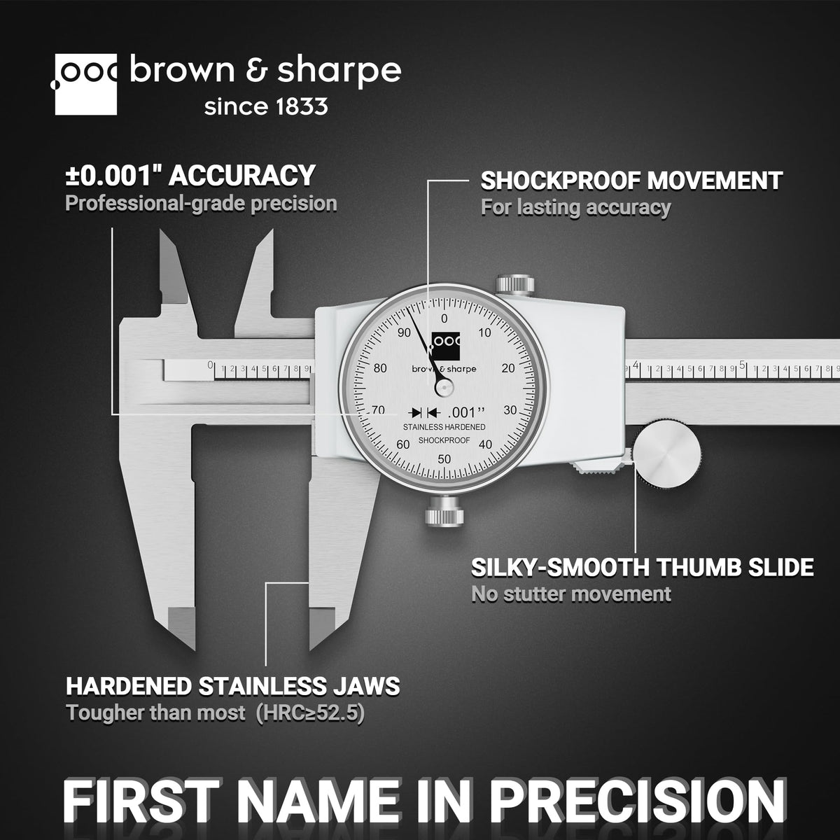 TESA Brown & Sharpe 599-579-8-1 Stainless Steel Dial Caliper, White Face, 0"-8" Range, +/-0.001" Accuracy, 0.001" Resolution, Meets DIN 862 Specifications