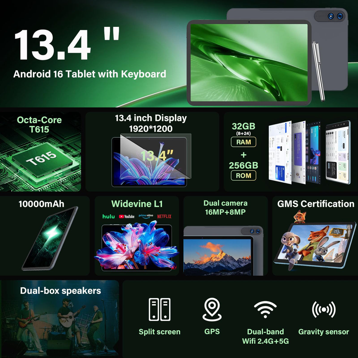 Android 16 Tablet with Keyboard - 13 inch Tablet with 32GB+256GB+2TB Expand