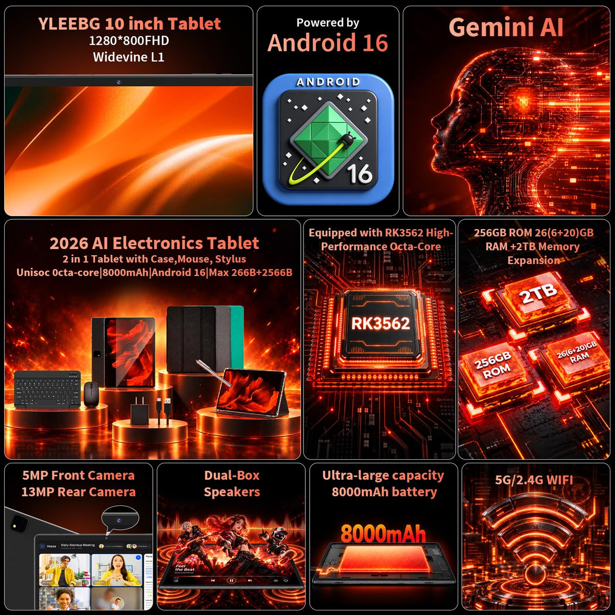 Android Tablet, 2026 Android 16 Tablet with Keyboard, 26GB+256GB, Gemini AI