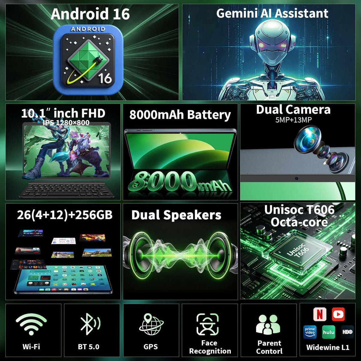 2026 Android 16 Tablet with Keyboard, Gemini AI 10 Inch Tablet, Black Case
