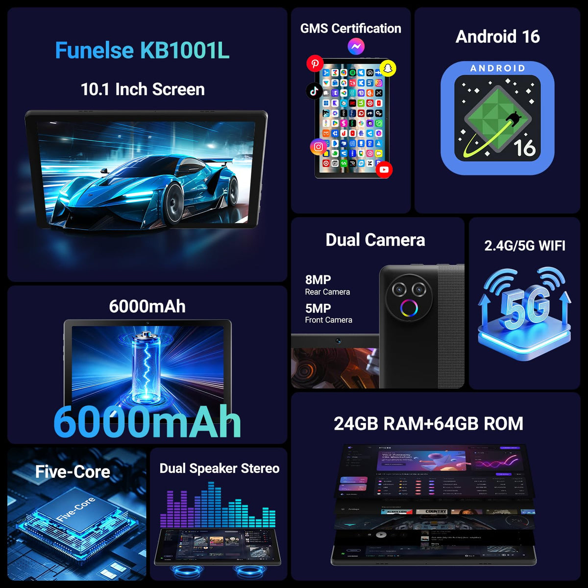 Tablet, Android 16 Tablet, 24GB+64GB+1TB TF, Tablet with Keyboard