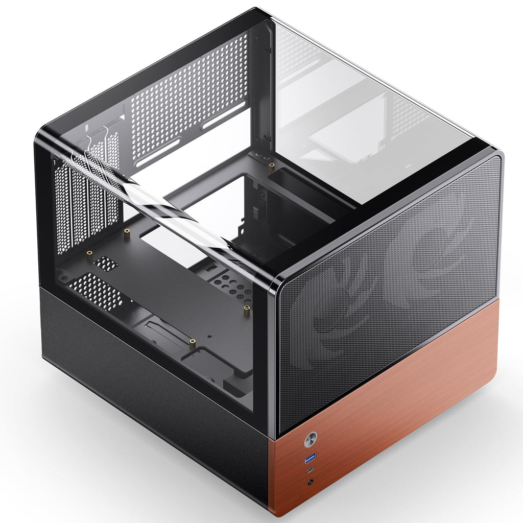 JONSBO V12 Black Micro ATX Mid Tower PC Case, Hyperboloid Glass Desktop Design, Separated Cabinet Structure,Walnut Wood,MATX Desktop Computer Chassis, GPU<260mm,ATX PSU,Front 120mm*2(Built-in) Black