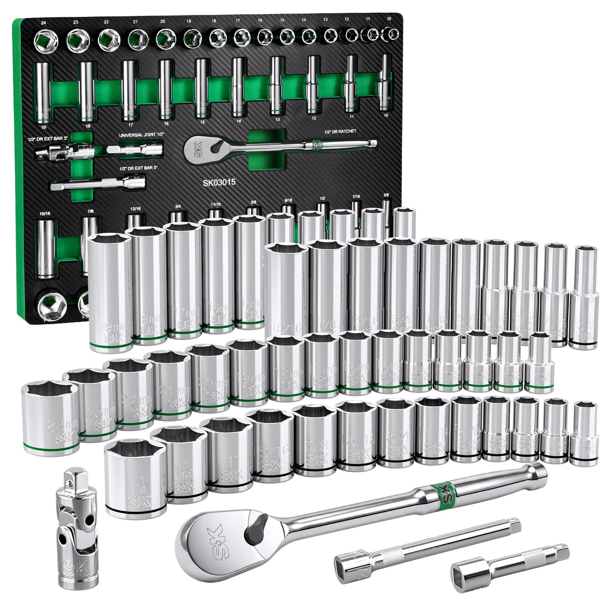 SK 3/8" Drive Socket Set with 90-Tooth Ratchet, SAE & Metric, CR-V Steel