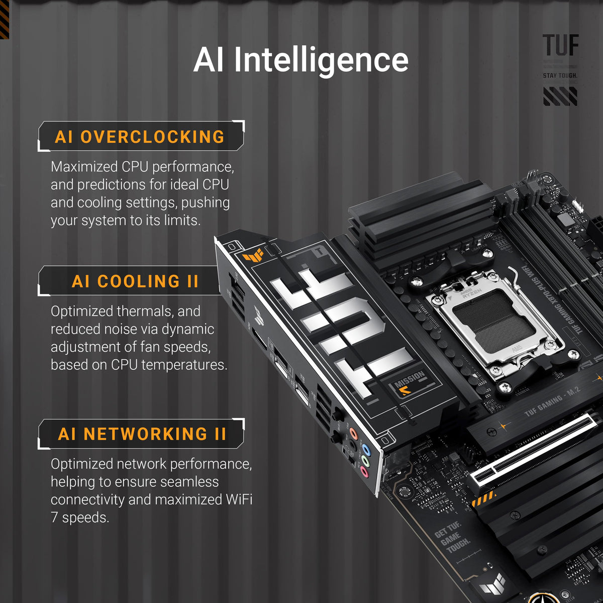 ASUS TUF Gaming X870-PLUS WiFi AMD AM5 X870 ATX Motherboard, 16+2+1, 80A SPS Power Stages, DDR5, PCIe 5.0 Ready, Four M.2 Slots, Wi-Fi 7, 2.5Gb LAN, HDMI, USB4® 40Gbps, SATA 6 Gbps, USB 20Gbps Type-C
