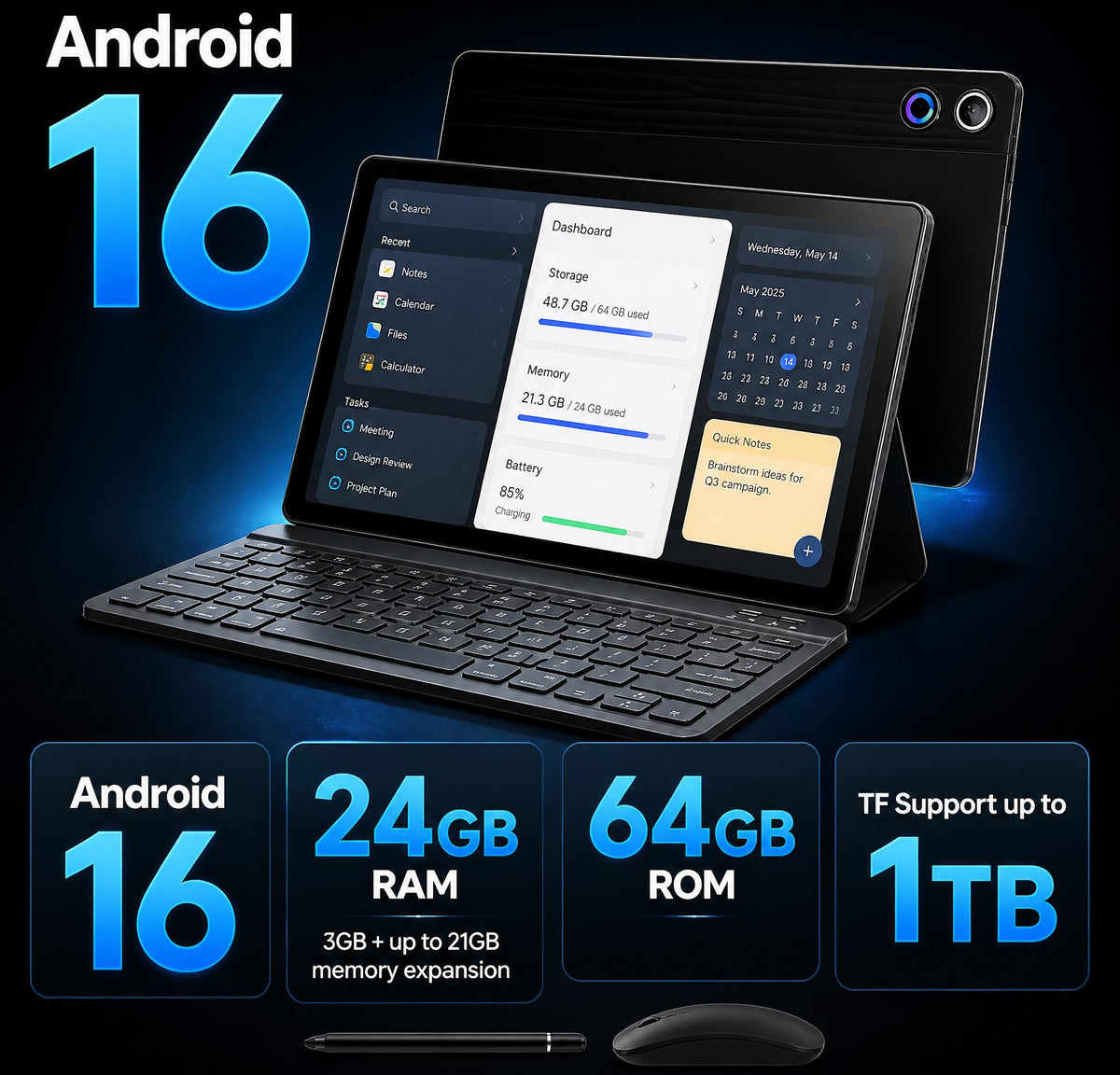 Tablet, 10.1 Inch Android 16 Tablets with Keyboard,24+64GB, 1TB Expansion