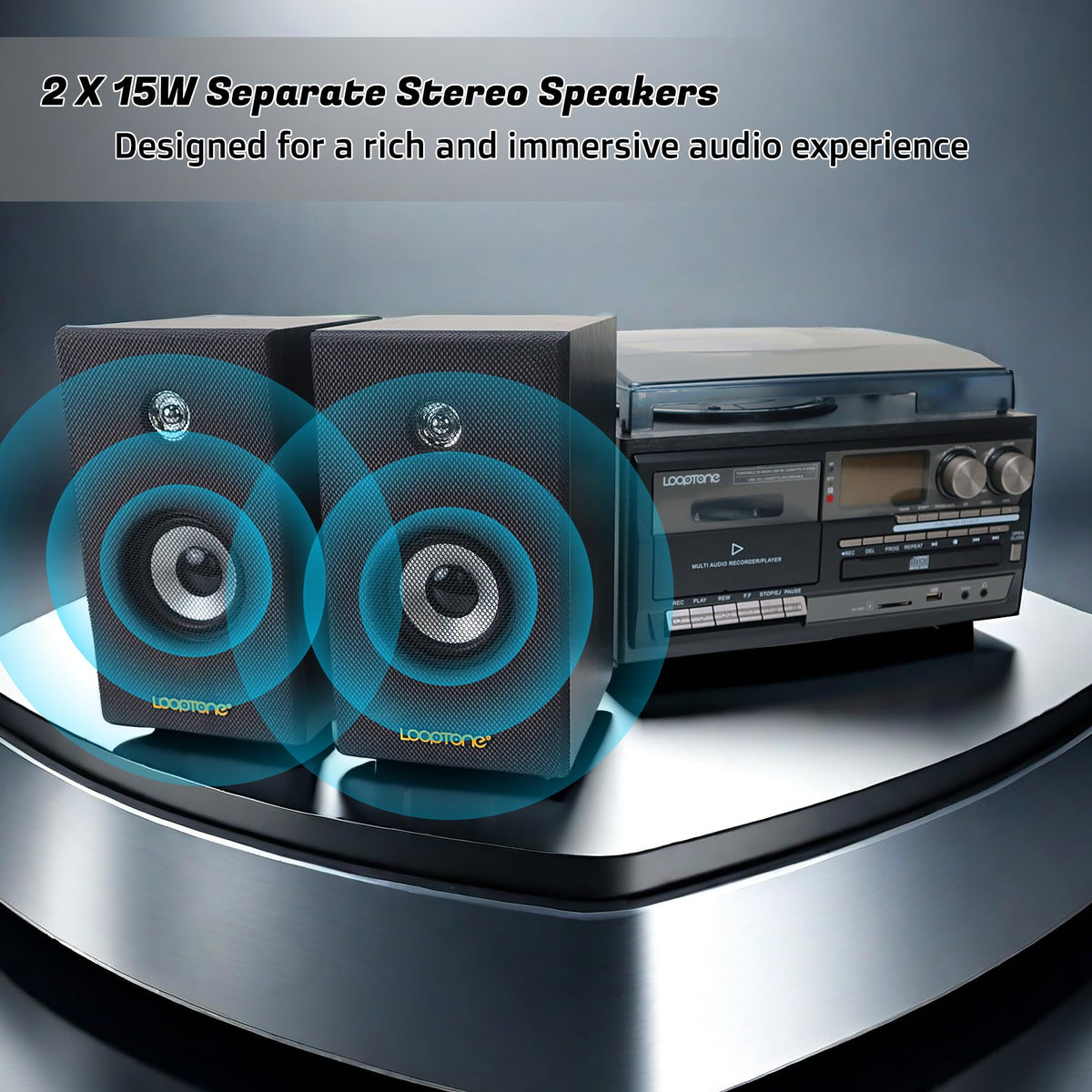 Vinyl Record Player with Dual 15W External Speakers 10 in 1 3 Speed Bluetooth Vintage Turntable CD Cassette Player AM/FM Radio USB Recorder Aux-in RCA Line-Out (Black)