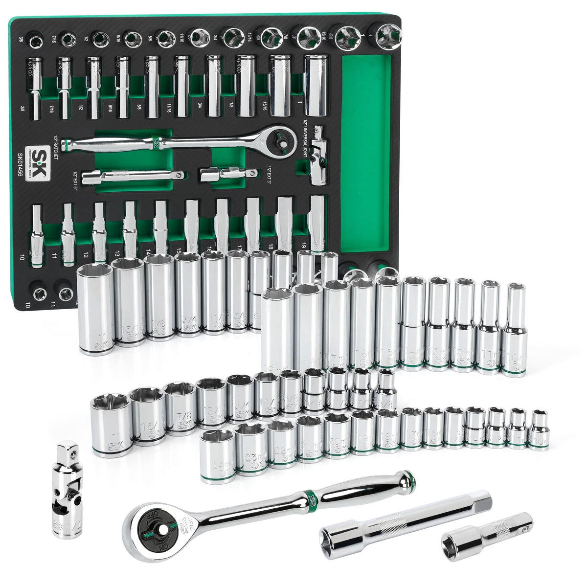 SK Tools USA 1/2" Drive, 49 Piece, 6 Point, Standard & Deep, SAE & Metric Chrome Socket Set | SK01456-216P