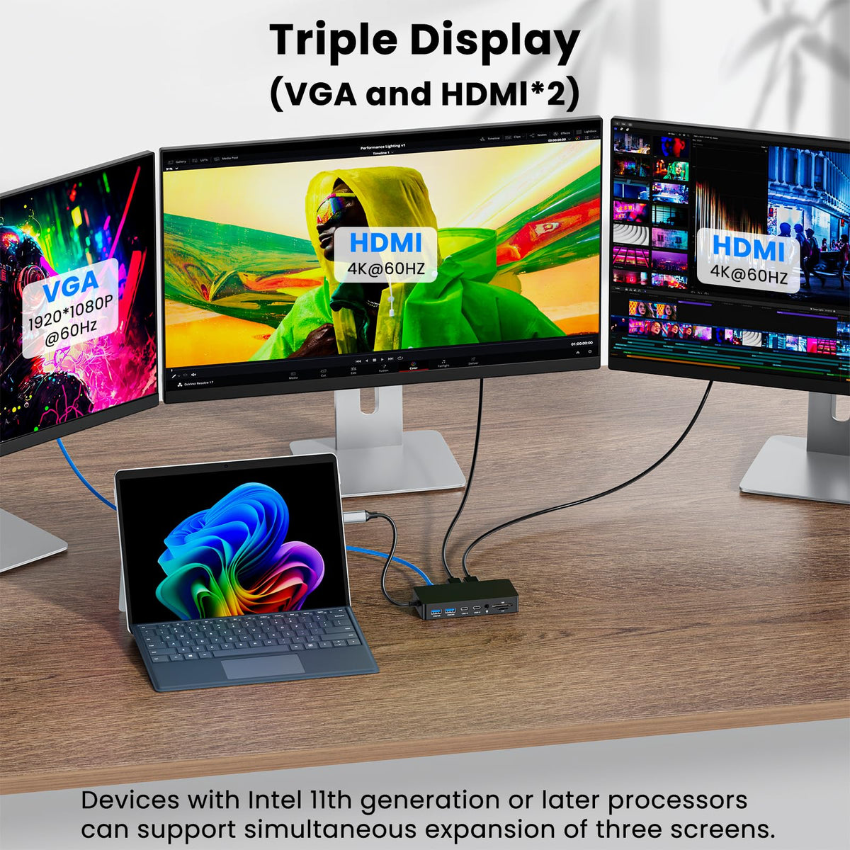 Surface Thunderbolt 4 Dock Triple Displays 4K HDMI*2+VGA, 12 in 1 Surface Pro Docking Station with 100W Power Adapter for MS Surface Pro 12/11/10/9/8/X/7+/7,Laptop 7/6/5/4/3,Laptop Go,Studio