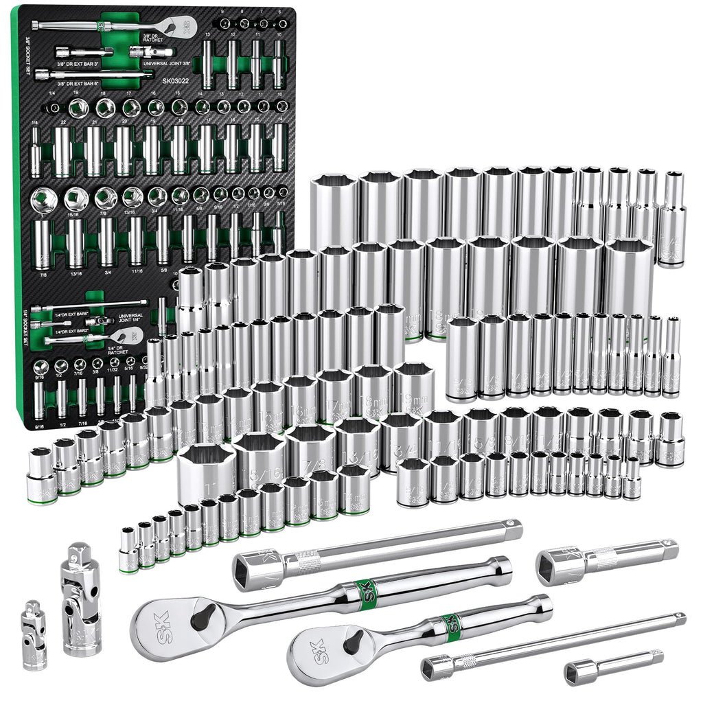 SK 3/8" Drive Socket Set with 90-Tooth Ratchet, SAE & Metric, CR-V Steel