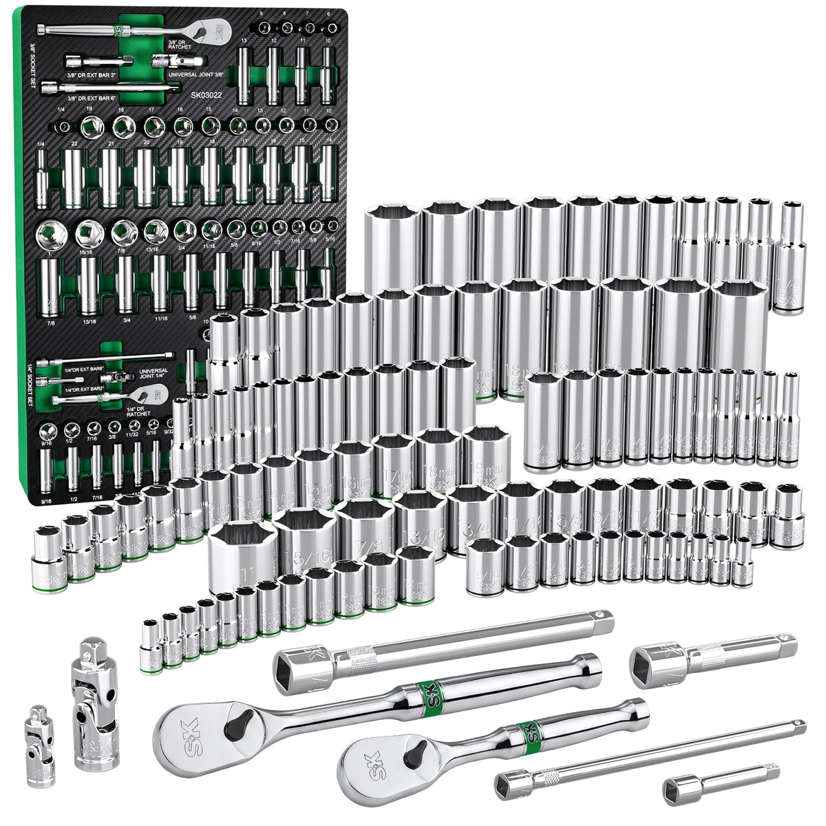 SK 3/8" Drive Socket Set with 90-Tooth Ratchet, SAE & Metric, CR-V Steel