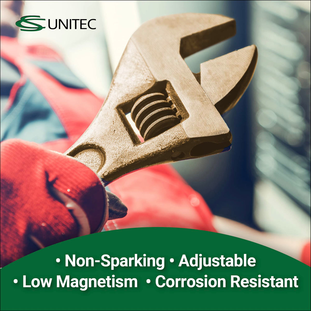 CS Unitec | Non-Sparking & Non-Magnetic Adjustable Wrench | 15in Aluminum Bronze Tool, TUV Certified & Beryllium Free