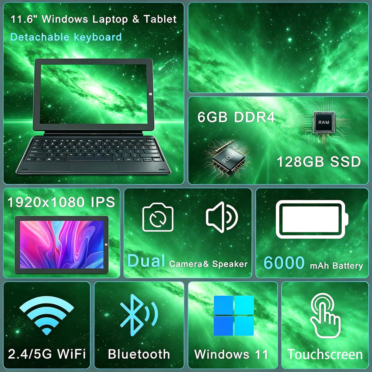 2 in 1 Laptop Windows Tablet, 11.6" Touchscreen Tablets with Keyboard, 6GB RAM 128GB SSD, 2.7GHz, WiFi-2.4G/5G, BT4.2/HDMI/USB3.0/Dual Camera/SD Card Slot