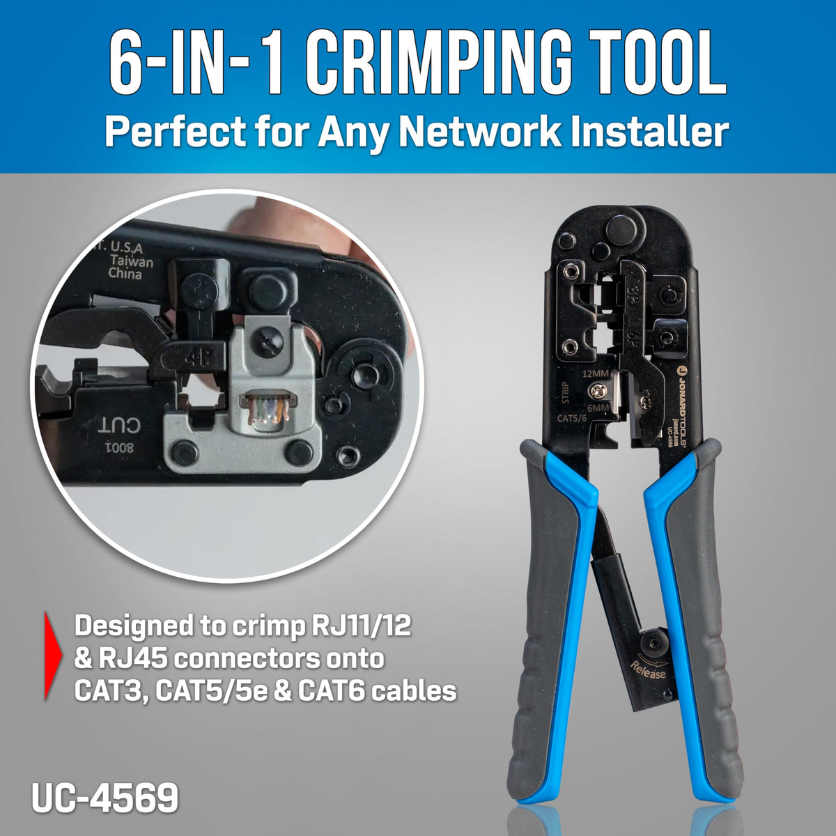 Jonard Tools TK-145 Network RJ45 Belt Pouch Tool Kit - 12-Pocket Tool Pouch, 6-in-1 Screwdriver, Scissors, Pliers, Crimper & Cable Stripper, RJ45 Pass-Through Connectors