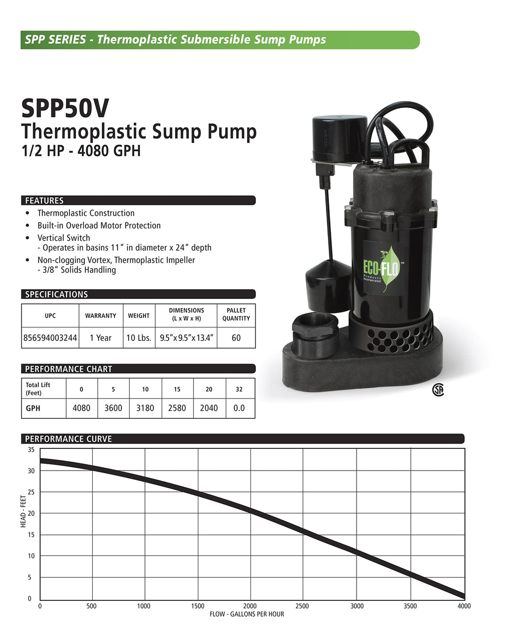 Products SPP50V Thermoplastic Sump Pump with Vertical Swirch, 1/2 HP, 4,080 GPH
