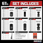 NEIKO 02471A Impact Socket Set, 3/8” Drive, 67 Piece, Metric and Standard Master Socket Set with Shallow & Deep Sockets, Ratchet, Swivel Sockets, Extension Bars, Adapters, Cr-V & Cr-Mo