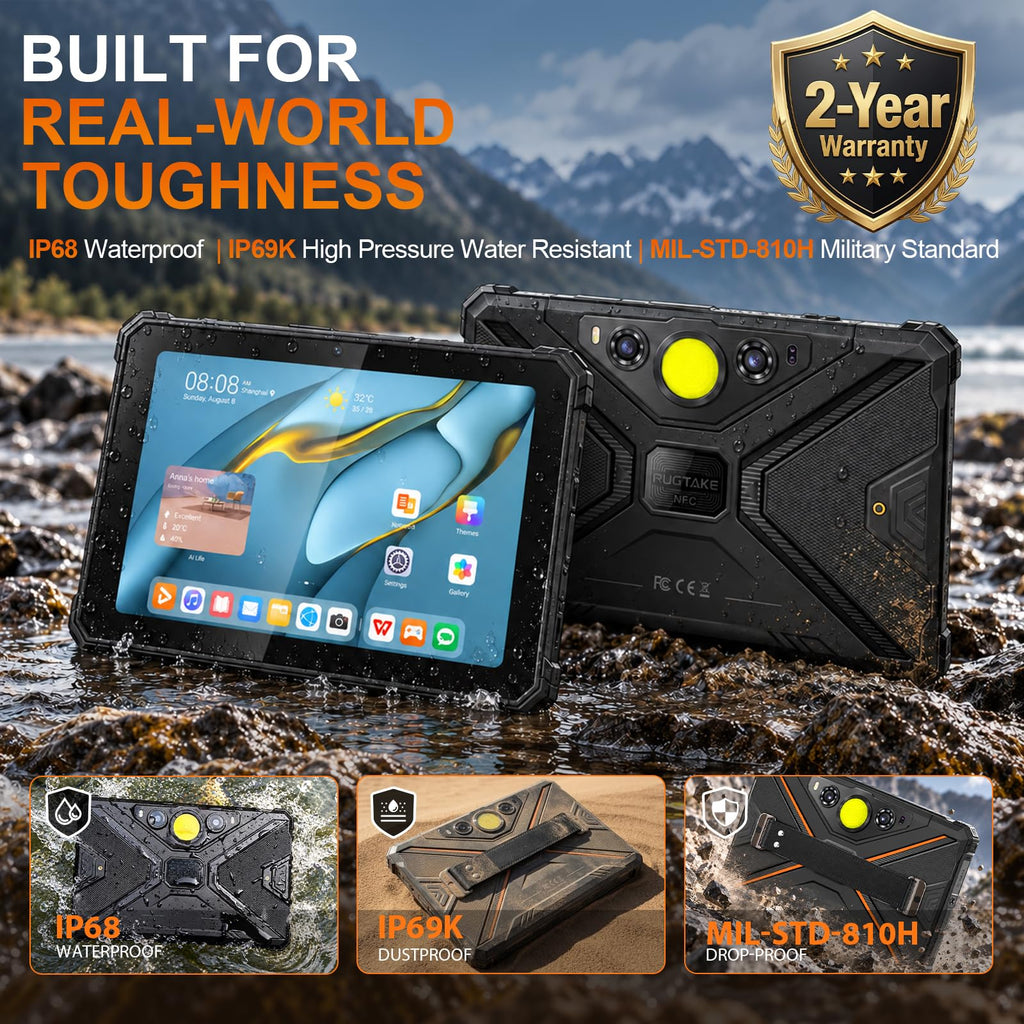 T1 Rugged Tablet Android 16, 8" 20GB+128GB/2TB, Waterproof Tablet