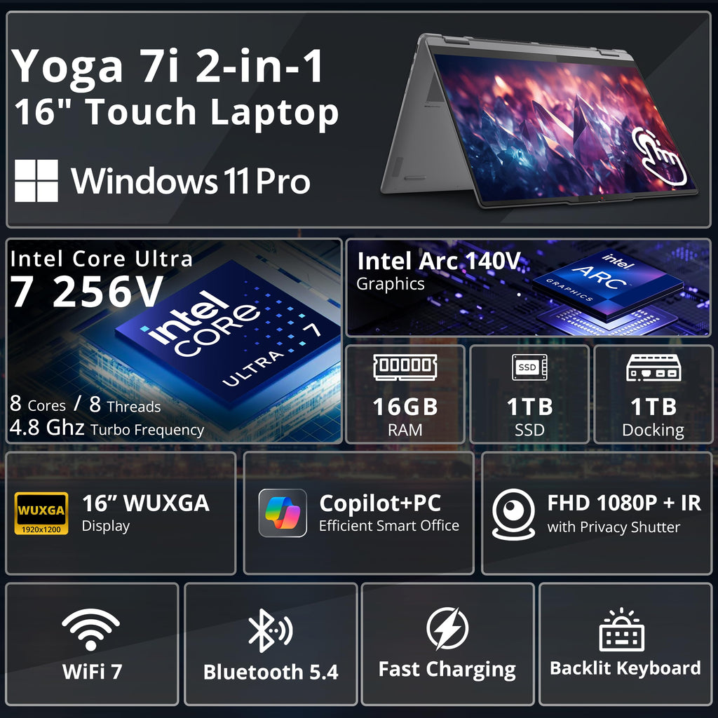Lenovo Yoga 7i 2-in-1 16" 2K Touchscreen AI Laptop, Intel Core Ultra 7 256V, 16GB LPDDR5X, 2TB Storage (1TB SSD+1TB Docking Station), Backlit Keyboard, Fingerprint, FHD Camera, Win 11 Pro, Grey