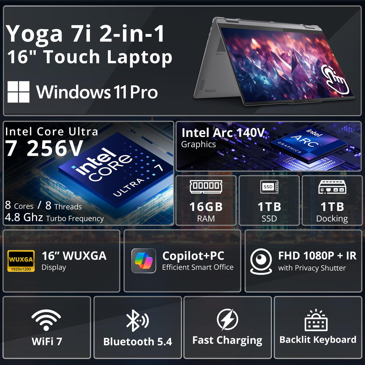 Lenovo Yoga 7i 2-in-1 16" 2K Touchscreen AI Laptop, Intel Core Ultra 7 256V, 16GB LPDDR5X, 2TB Storage (1TB SSD+1TB Docking Station), Backlit Keyboard, Fingerprint, FHD Camera, Win 11 Pro, Grey