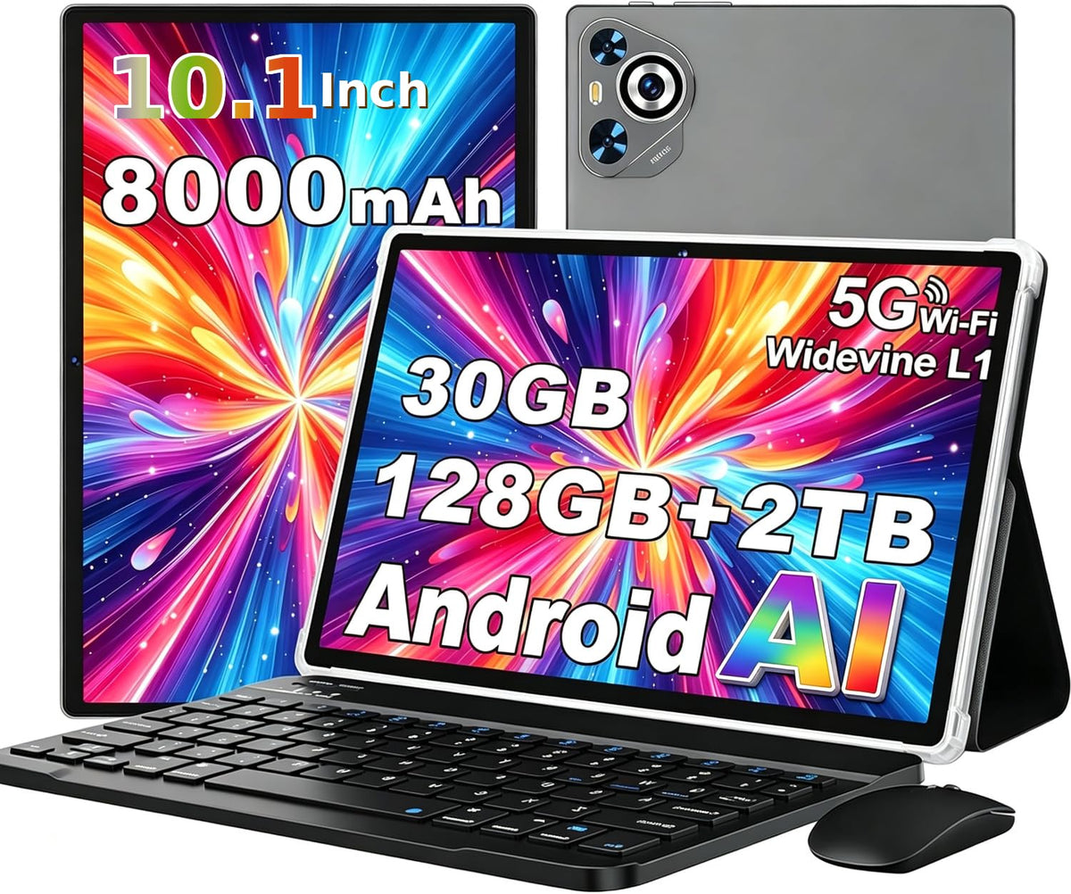 10.1 Inch Android AI Tablet, Full Metal Body, 30GB RAM+128GB ROM, 2TB TF Expandable, 8000mAh Battery, Incell IPS Display, 5G WiFi BT 5.0, Tablet with Keyboard & Mouse, Black