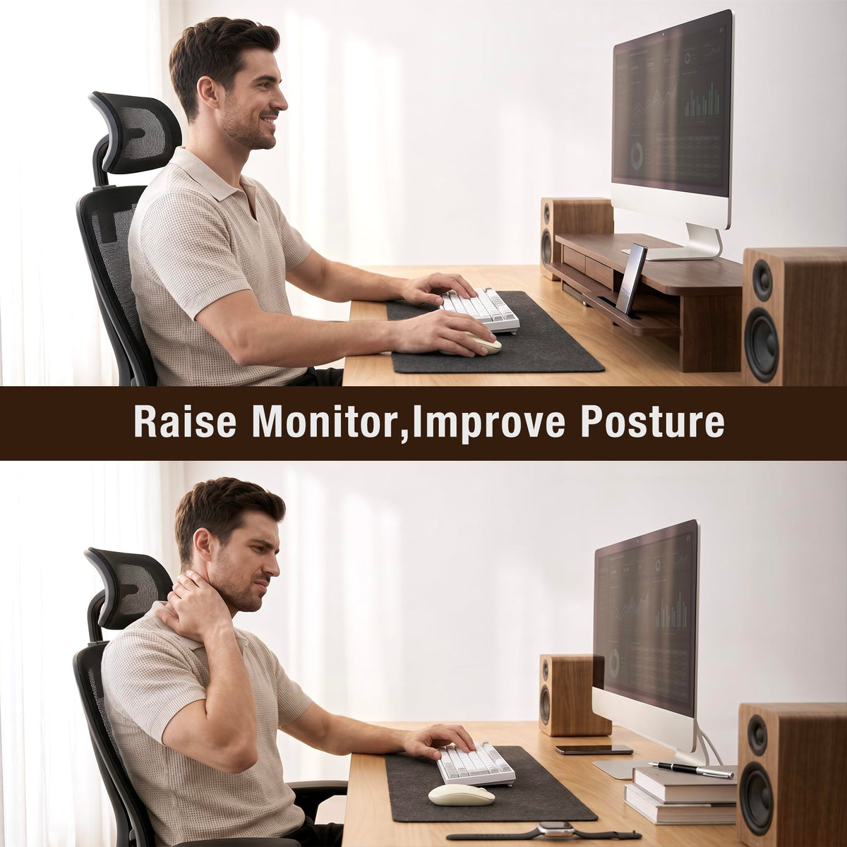 Dual Monitor Stand Riser, Desk Shelf, Desk Organizer with Drawers