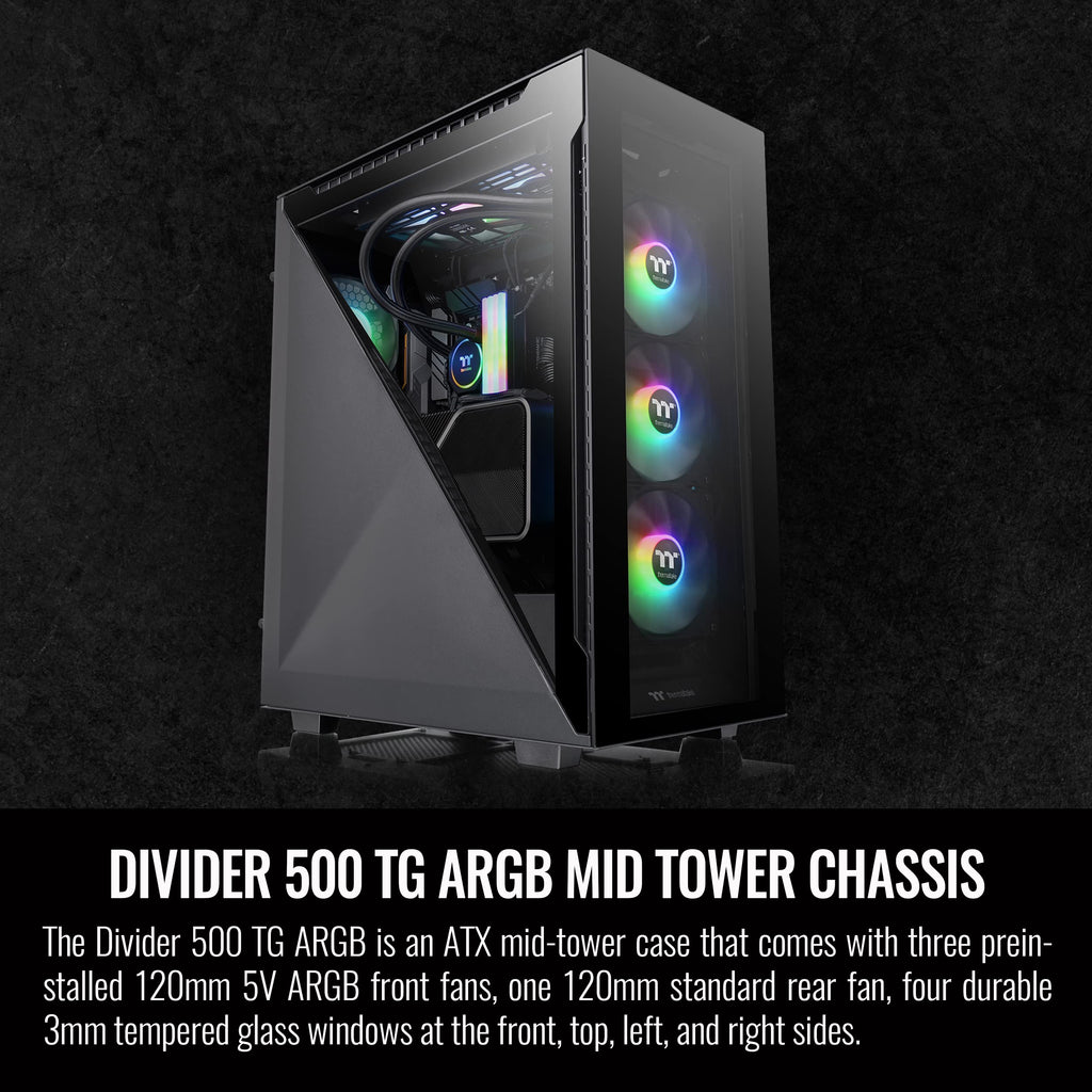 Thermaltake Divider 500 TG Black Color ARGB ATX Mid Tower Tempered Glass Computer Case with 3 120mm 5V ARGB Front Fans + 1 120mm Standard Rear Fan + 2 Symmetrical Triangular Panels CA-1T4-00M1WN-01