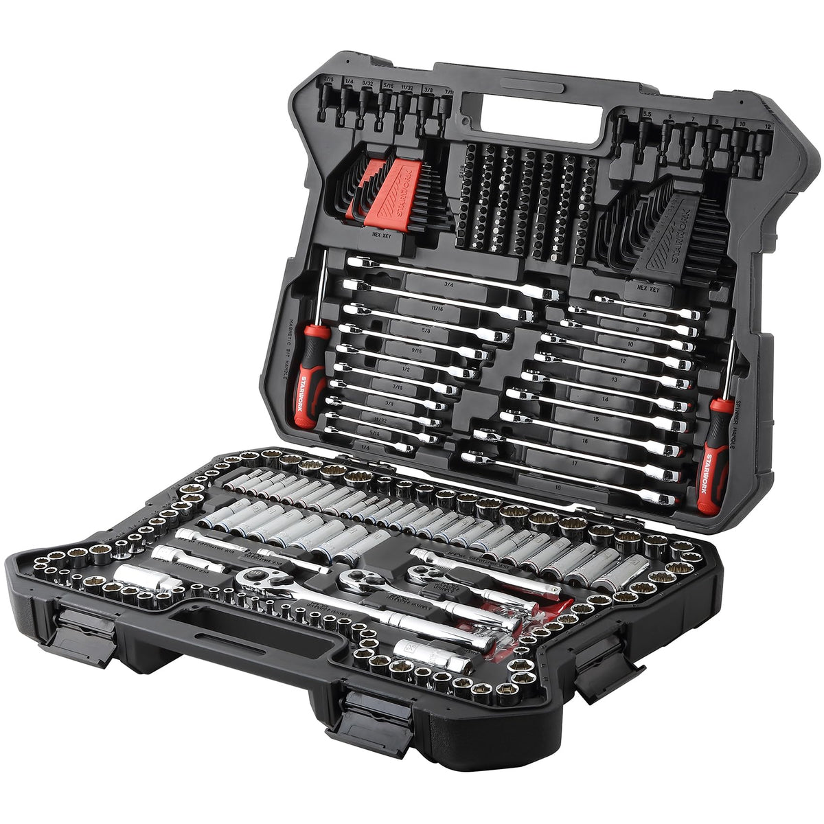 STARWORK TRUE MECHANIC 303-Piece Mechanics Tool Set, 120-Tooth Ratcheting Wrench Set, 1/4", 3/8", 1/2" Drive, Professional, SAE/Metric
