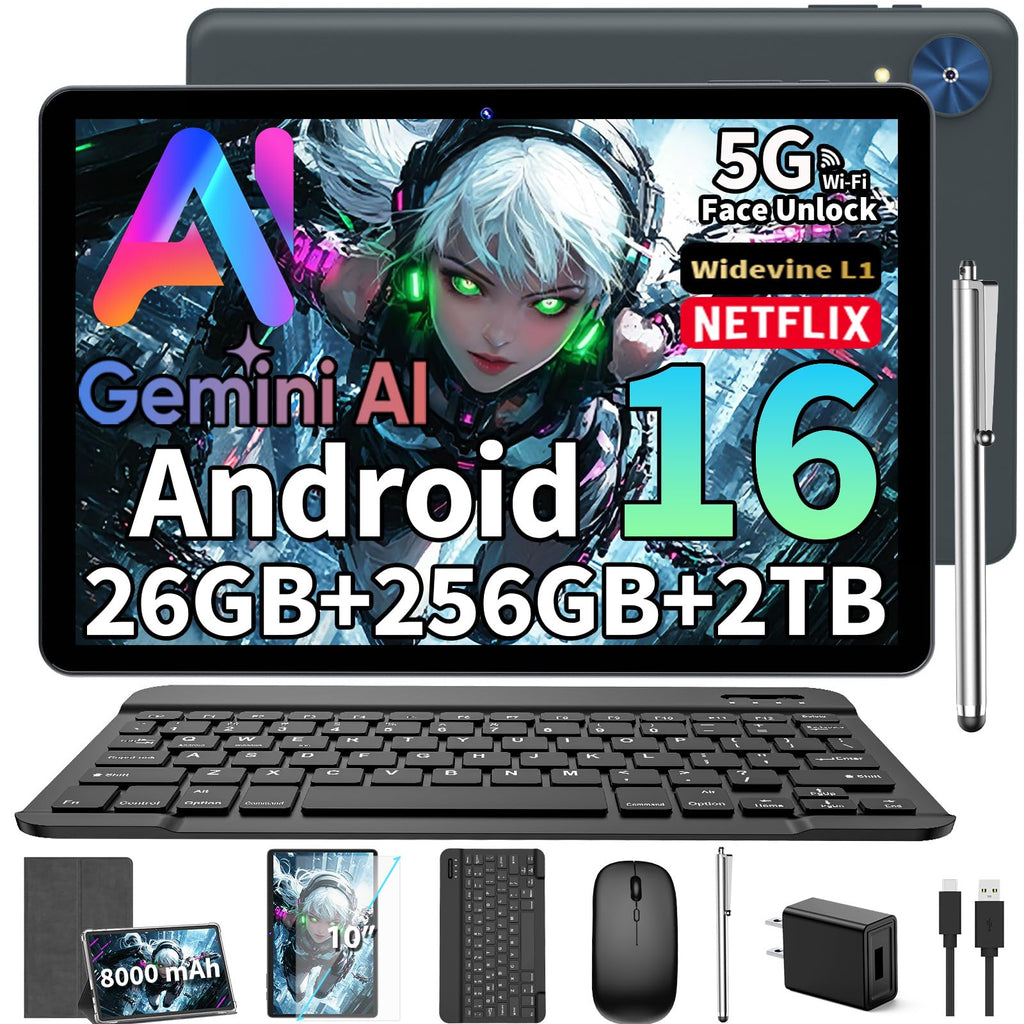 2026 Android 16 Tablet with Keyboard, Gemini AI 10 Inch Tablet, Black Case
