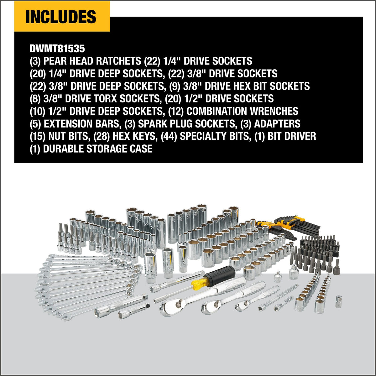DEWALT Mechanic Tool Set, 247-Piece, 1/4 in., 3/8 in. and 1/2 in. Drive, SAE, Ratchets, Sockets, Hex Keys, Combination Wrenches, Polish Chrome Finish (DWMT81535)