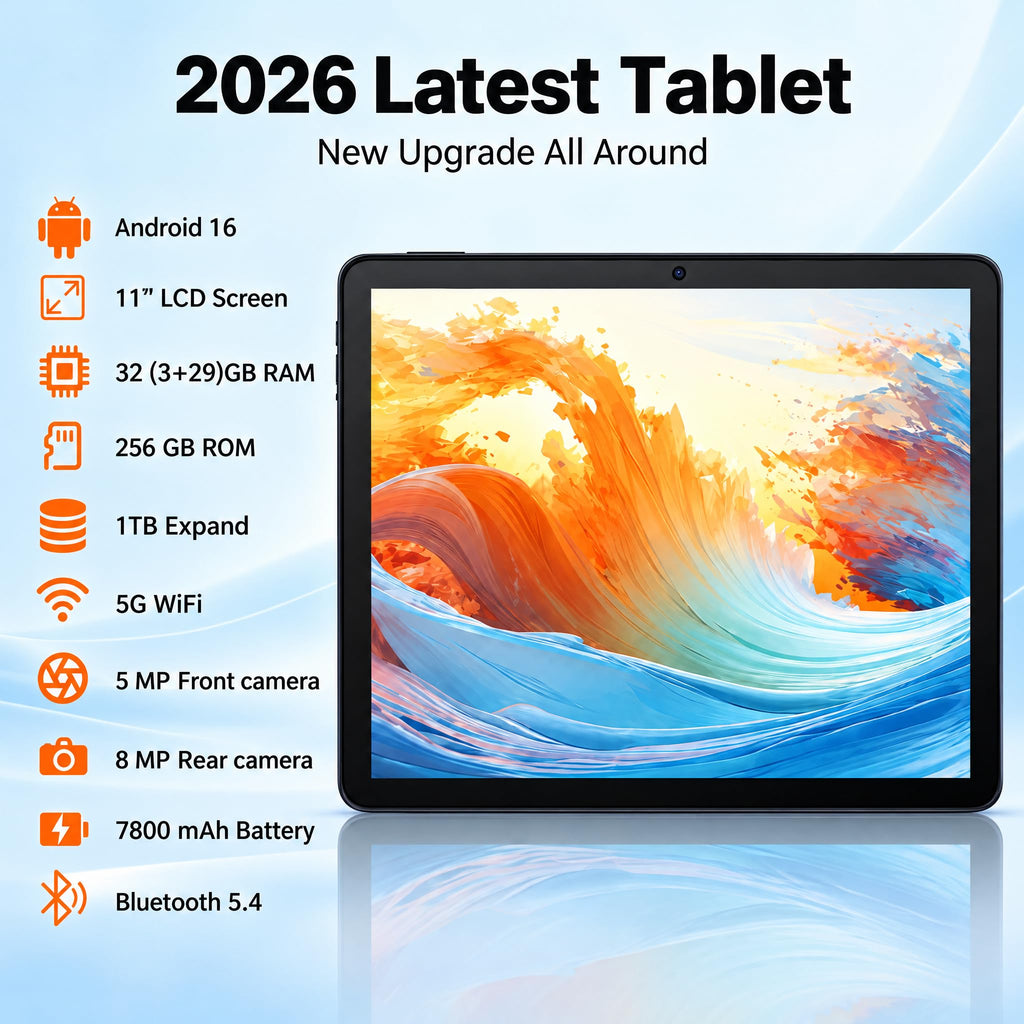 Tablet 11 inch Android 16 Tablet, 2‑in‑1 Tablet Bundle with Keyboard, Wireless Mouse, Stylus, 32GB+256GB+1TB TF Expansion, 7800mAh, Portable for Students & Business