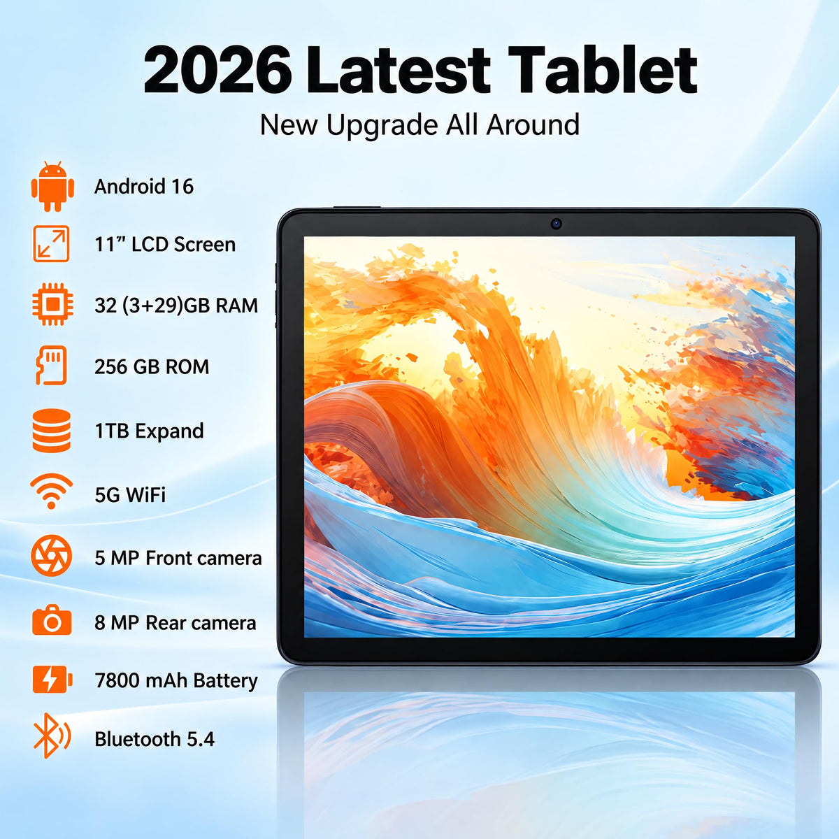 Tablet 11 inch Android 16 Tablet, 2‑in‑1 Tablet Bundle with Keyboard, Wireless Mouse, Stylus, 32GB+256GB+1TB TF Expansion, 7800mAh, Portable for Students & Business