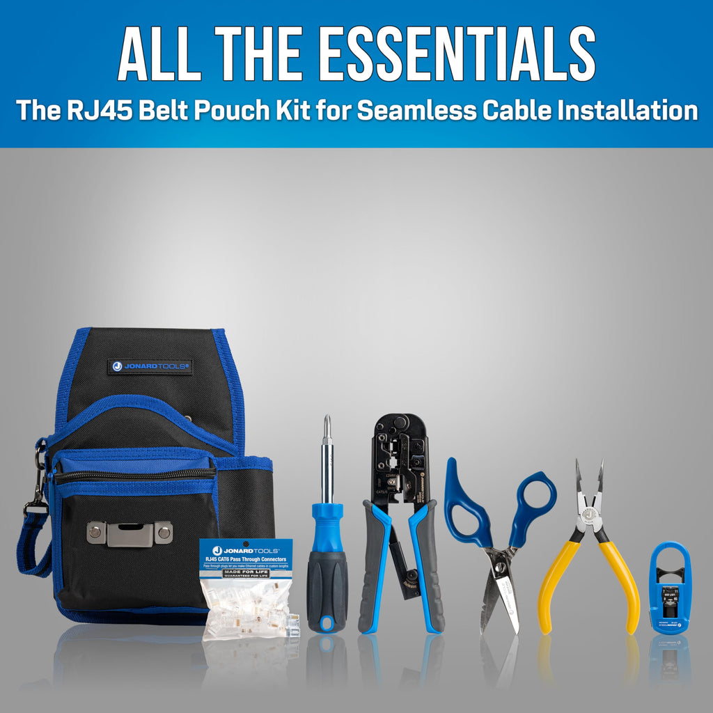 Jonard Tools TK-145 Network RJ45 Belt Pouch Tool Kit - 12-Pocket Tool Pouch, 6-in-1 Screwdriver, Scissors, Pliers, Crimper & Cable Stripper, RJ45 Pass-Through Connectors