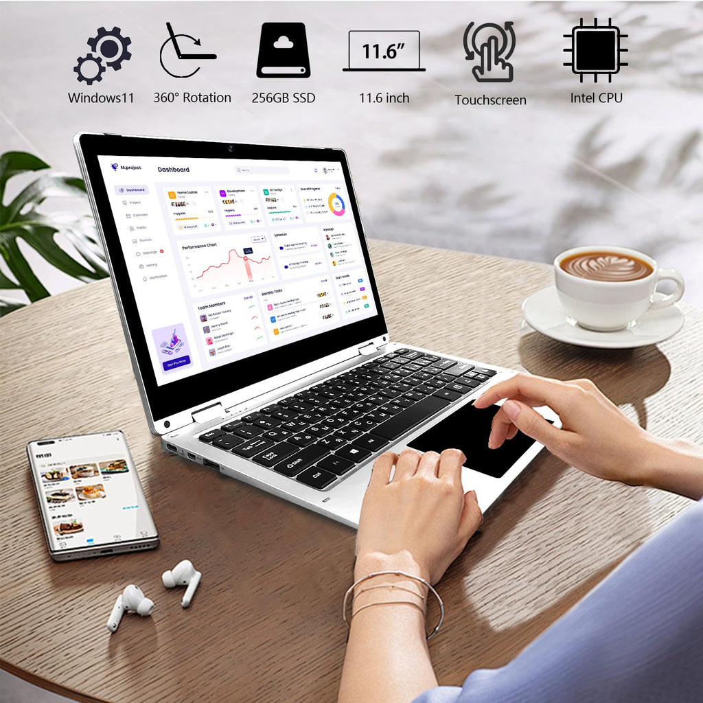 11.6 inch 2 in 1 Touchscreen Laptop, FHD 1080P Display, Intel Celeron CPU, 8GB RAM 256GB SSD, 360°Convertible Flip Ultra Thin Lightweight Tablet Laptop,Webcam,Type-C,WiFi,Window s 11,Silver