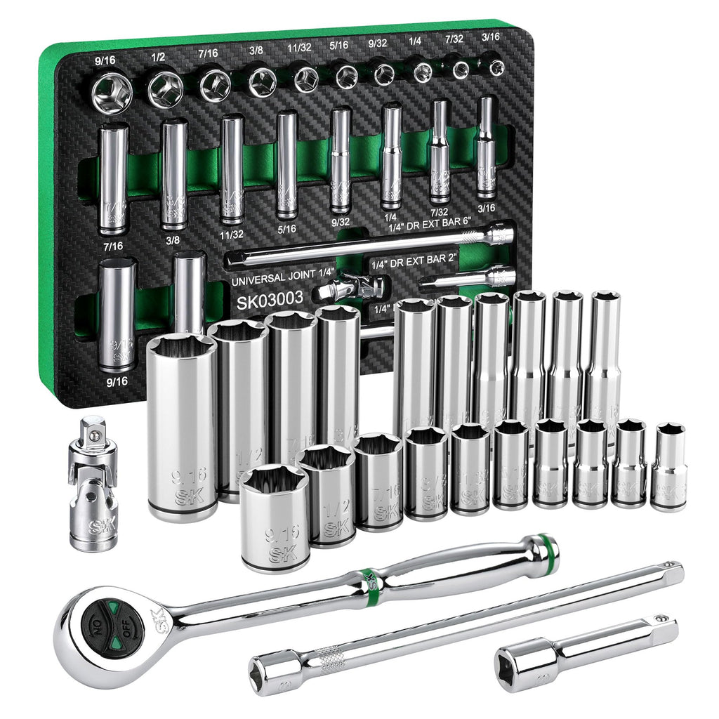 SK 3/8" Drive Socket Set with 90-Tooth Ratchet, SAE & Metric, CR-V Steel