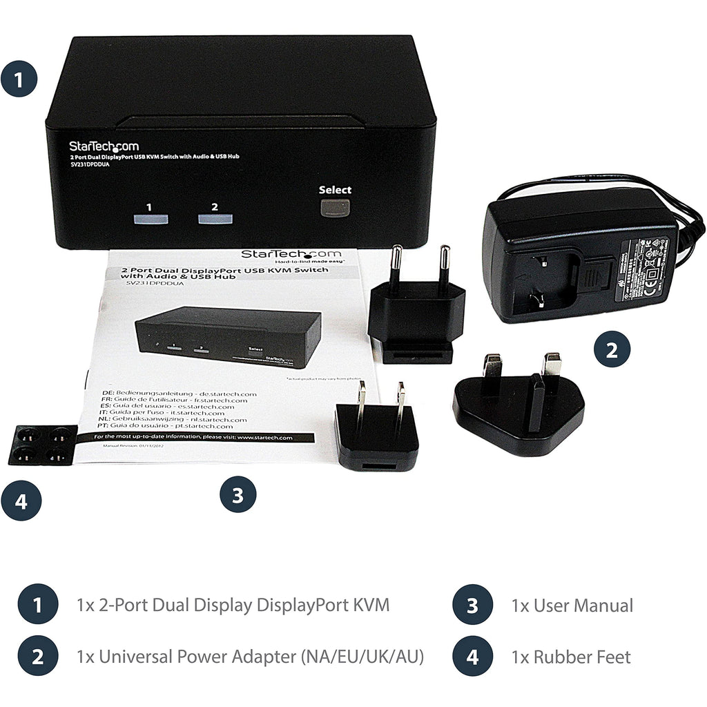 StarTech 2-Port Dual-Monitor DisplayPort KVM Switch, USB Hub, Audio, TAA