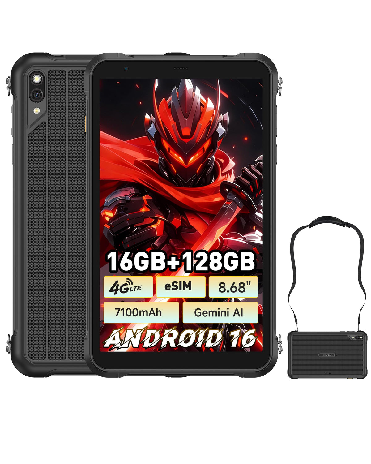 Ulefone Rugking Pad Pro 4G Rugged Tablet(Built-in eSIM), Android 16, 16GB+128GB Octa Core, 7100mAh 8.68" Corning Display 860nits Brightness, 16MP+8MP Dock Charging, IP68/69K, 133LM Super Torch - Black