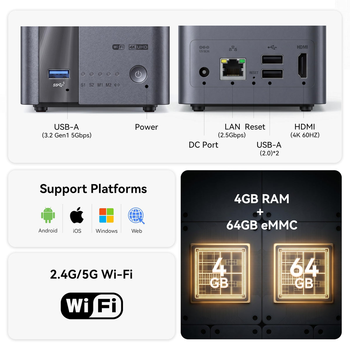 LincStation E1 4-Bay NAS Storage, Quad-Core 2.0GHz, 4GB RAM, 64GB eMMC, 2.5GbE Port & 4K HDMI 2.0, Supports M.2 NVMe SSD & SATA HDD Up to 76TB, Remote Access for iOS/Android/Windows (Diskless)