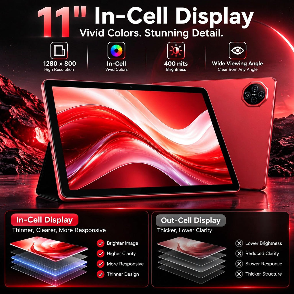 11 Inch Android Tablet, Incell IPS Display, GMS Certified, Gemini AI Assistant, 24GB RAM+256GB ROM, 2TB Expand, 8000mAh, Octa-Core, Keyboard & Mouse Included, Full Metal Body, 5G WiFi, BT5.0, GPS-Red