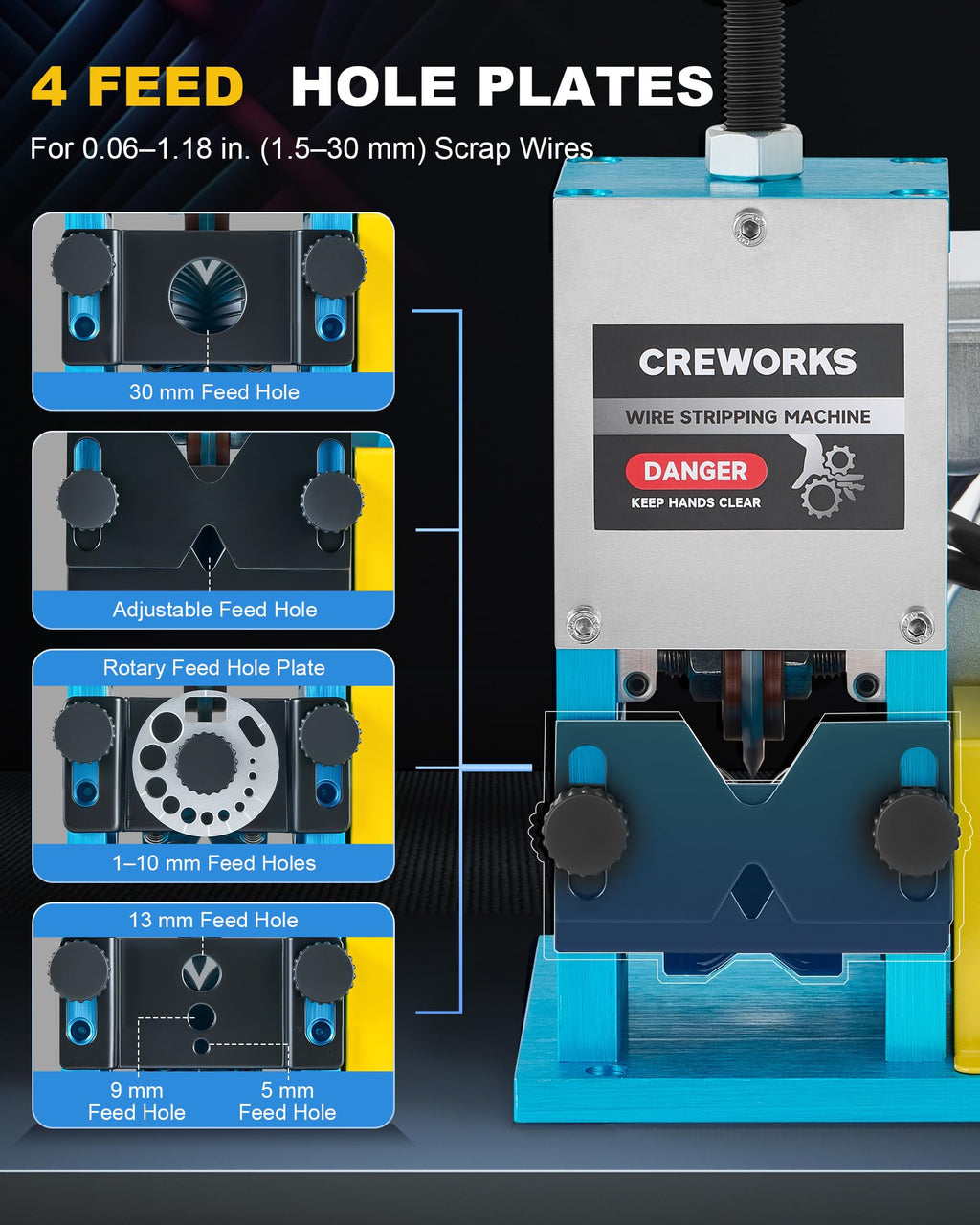 CREWORKS 180W Electric Wire Stripper Machine, 0.06"-1.18" Automatic Wire Stripping Machine, Wire Stripping Tool for 1.5-30 mm Scrap Wire, 5 Channel Copper Wire Stripper Tool for Cable Recycling