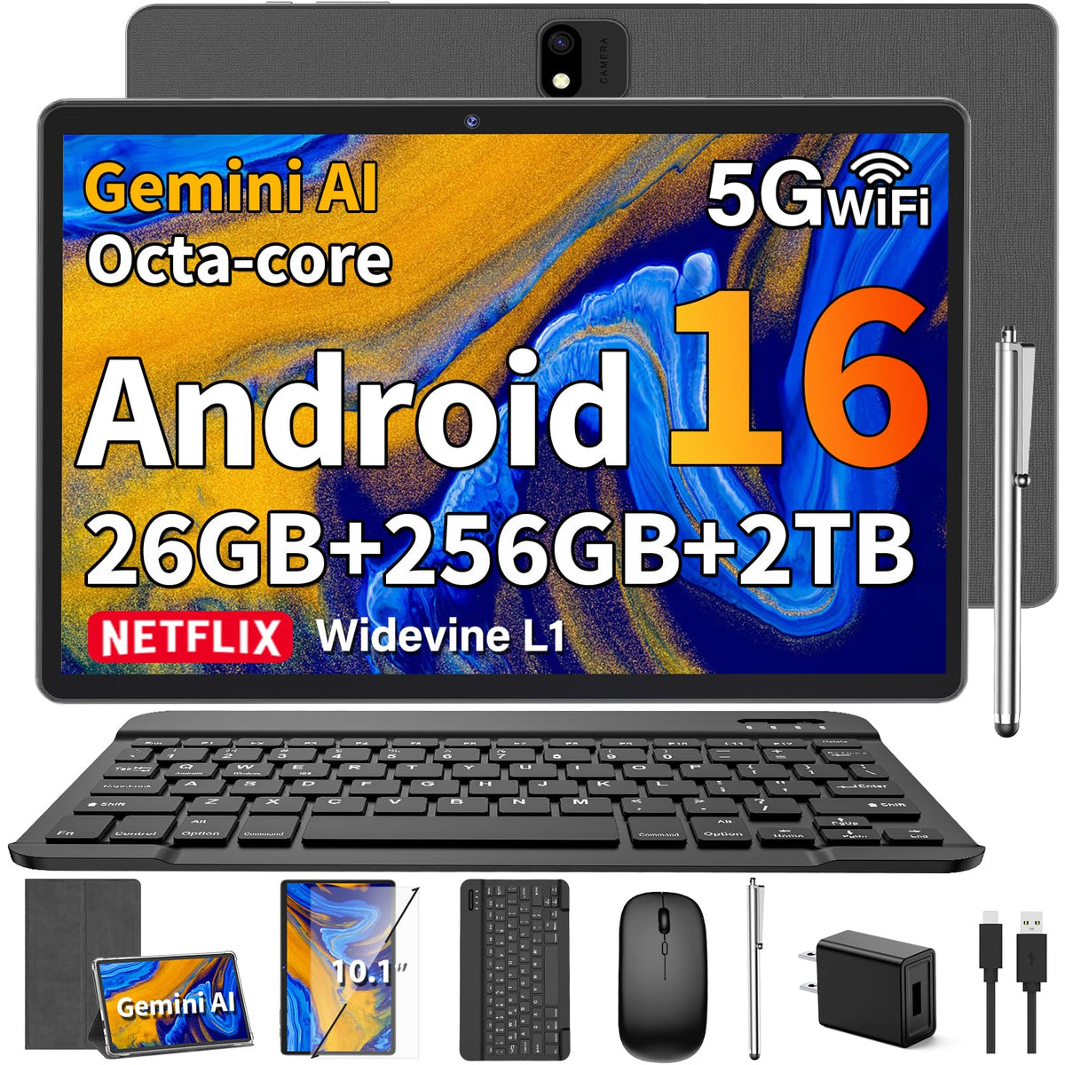 Android Tablet, 2026 Android 16 Tablet with Keyboard, 26GB+256GB, Gemini AI