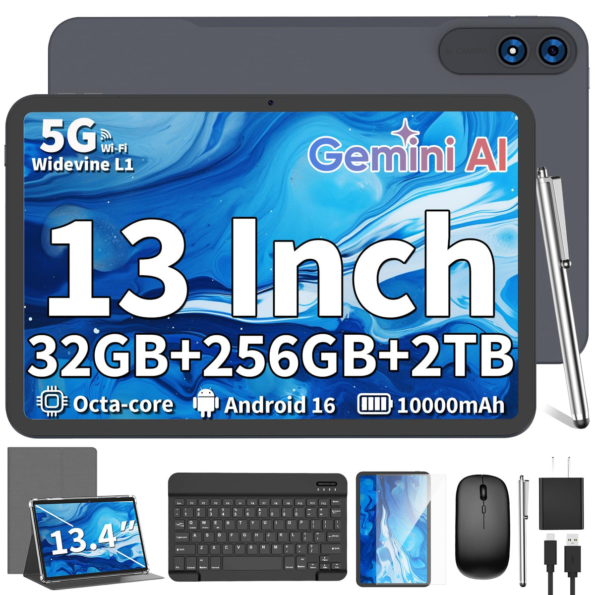 13 Inch Android 16 Tablet with Keyboard - 32GB+256GB+2TB Expand (Silver)