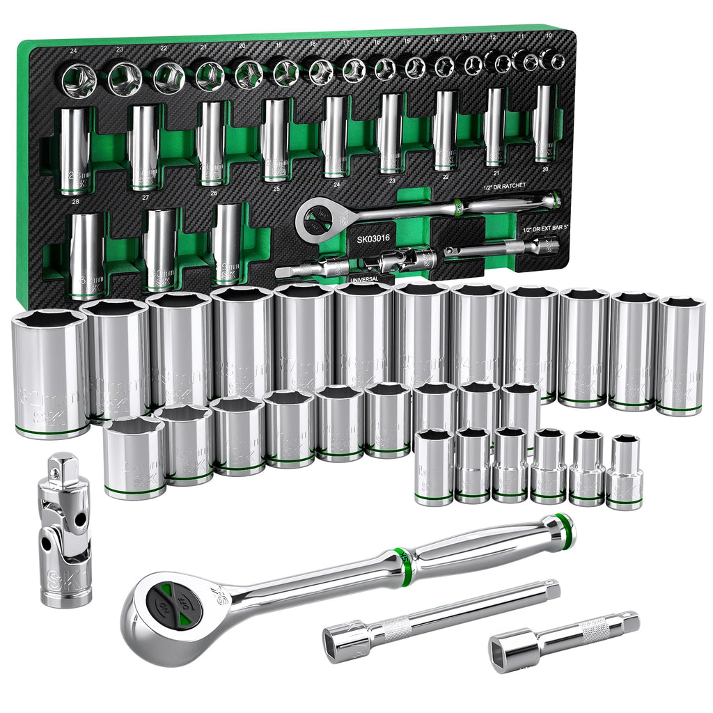 SK 3/8" Drive Socket Set with 90-Tooth Ratchet, SAE & Metric, CR-V Steel