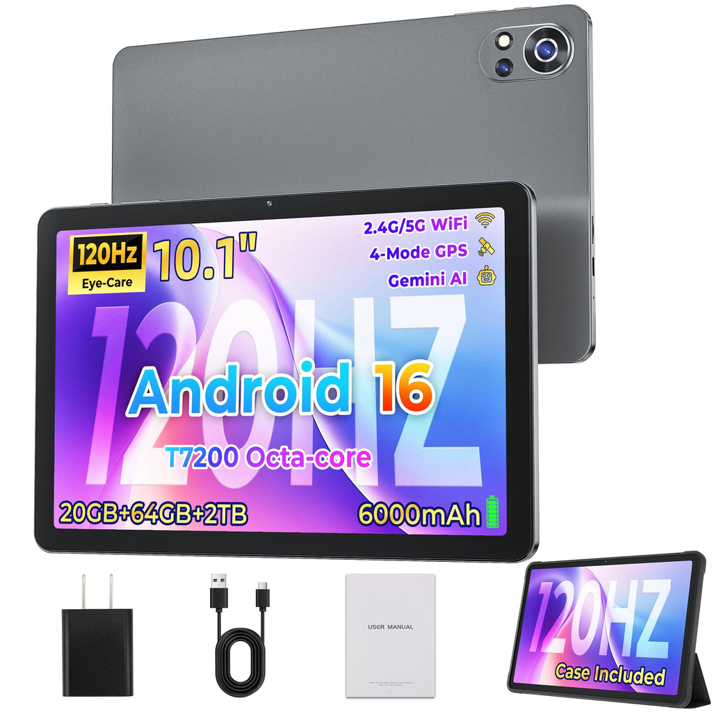 Android 16 Tablet,10 Inch IPS 120Hz Smooth Display,20GB+64GB+2TB Expandable, Octa-Core CPU,6000mAh Battery, Dual-Band WiFi, GPS,Face ID,Kids Tablets with Parent Control,Computer Tablet with Case,Grey