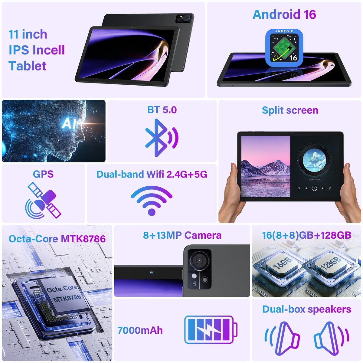 11 Inch-Android 16 Tablet 2026 Latest Update 16GB RAM 128GB ROM 1TB Expandion 5G WiFi Cellular 21MP Dual Camera Octa-core MTK8786.Gemini AI 2.0.Tablets with Keyboard,Mouse,protective film,Case-Gray