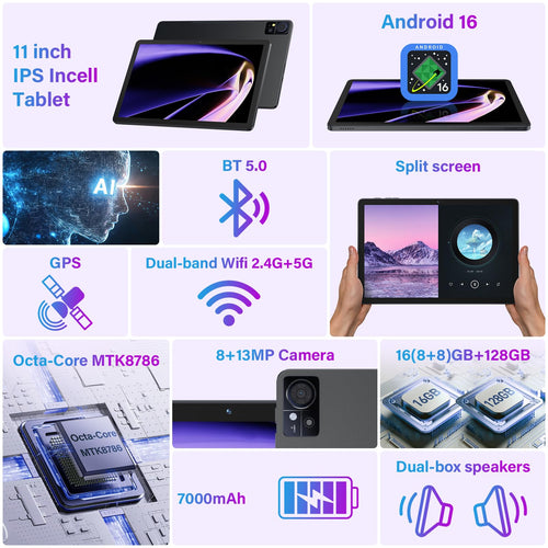 11 Inch-Android 16 Tablet 2026 Latest Update 16GB RAM 128GB ROM 1TB Expandion 5G WiFi Cellular 21MP Dual Camera Octa-core MTK8786.Gemini AI 2.0.Tablets with Keyboard,Mouse,protective film,Case-Gray