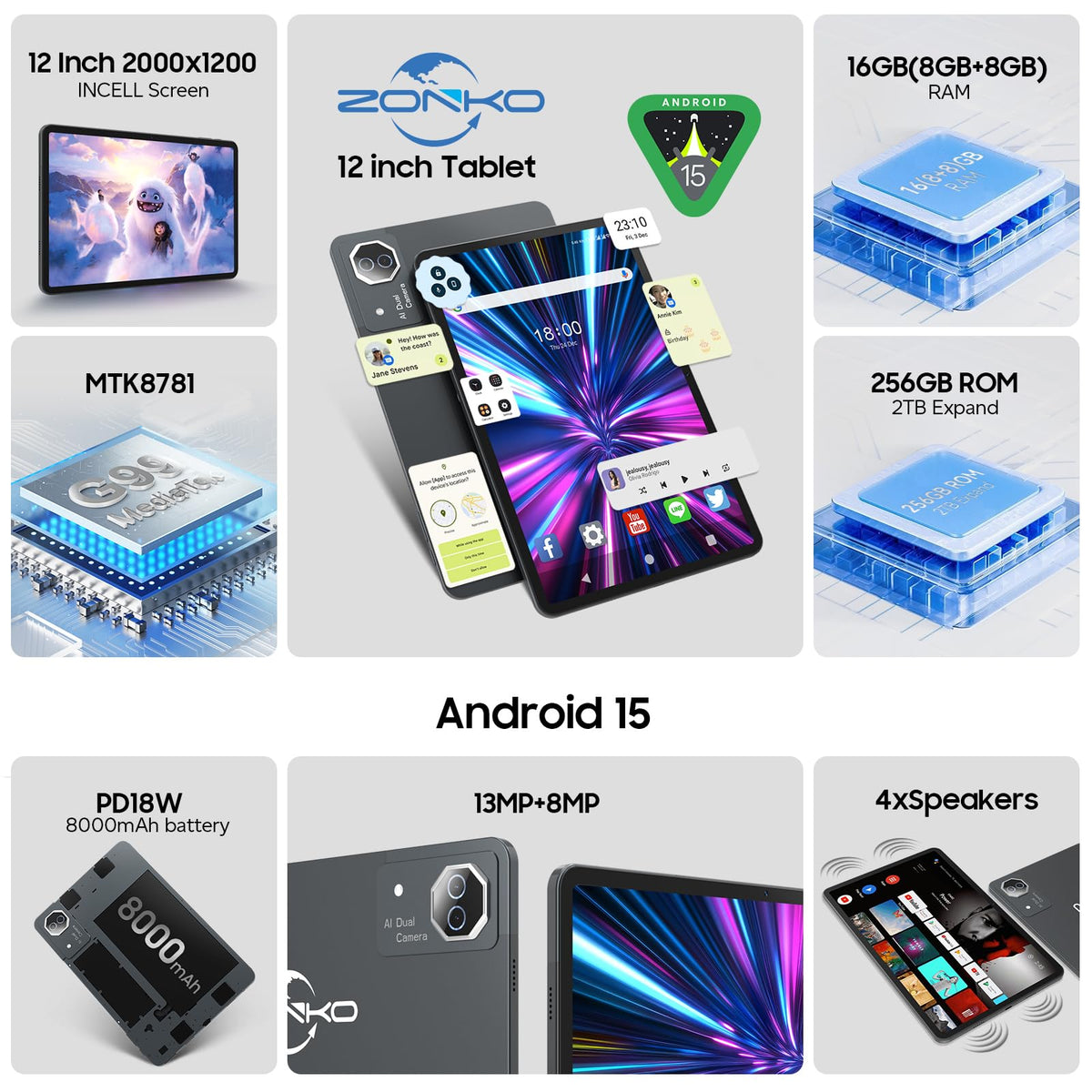Tablet 12 inch Large Screen, Android 15 Tablet 16GB RAM 256GB ROM, 2K 2000x1200 Incell Widevine L1 Display, Gaming Tablets with Helio G99 Octa-core, 8000mAh 18W Fast Charge Tablets, AI Support, GPS