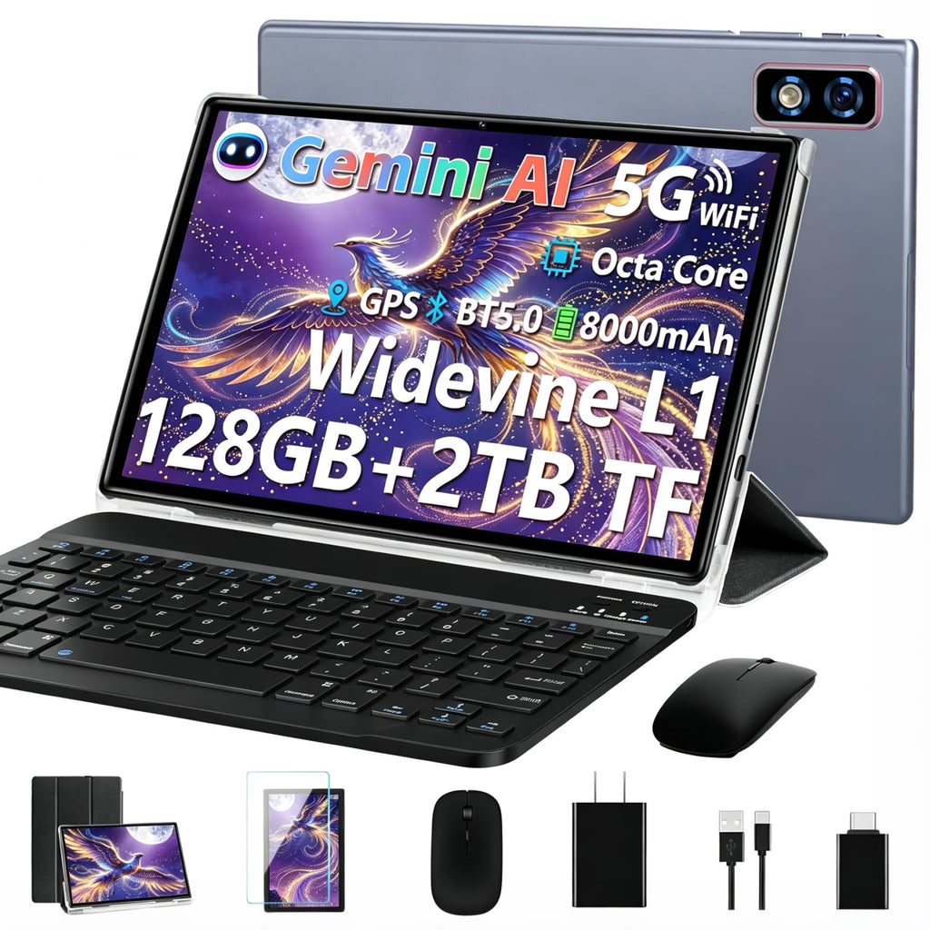 Tablet 10 inch Tablets Android 22GB RAM 128GB ROM 2TB TF, Octa-Core Processor 8000mAh, G+G HD IPS Display Tableta, Dual Camera, Widevine L1 Tablet PC with Keyboard & Mouse - Gray